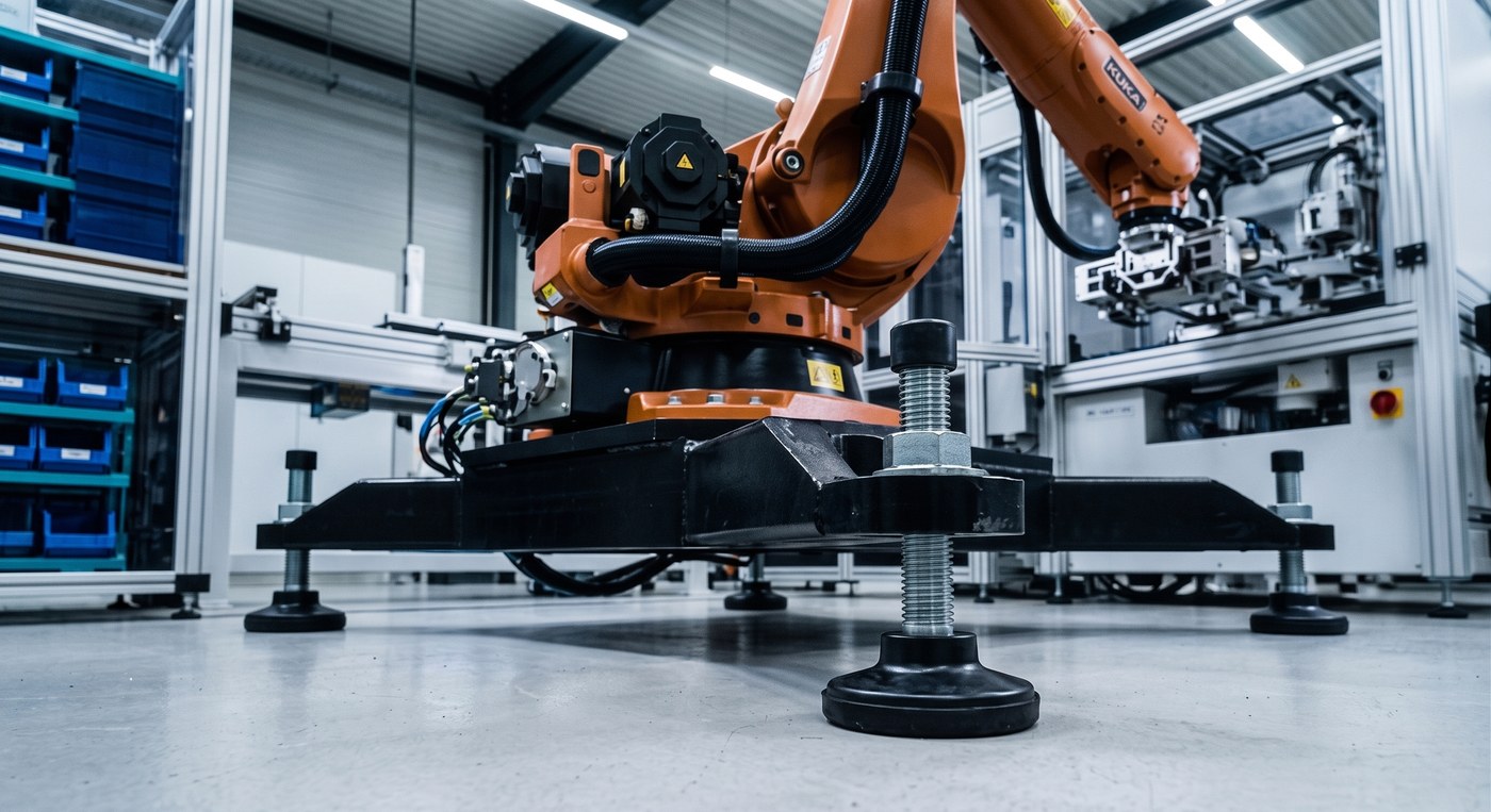 Machine feet supporting industrial robot on factory floor
